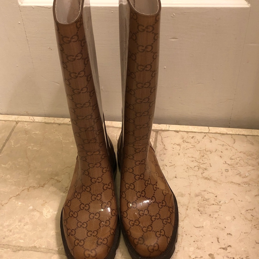 Gucci Women's Tan Monogram Rain Boots